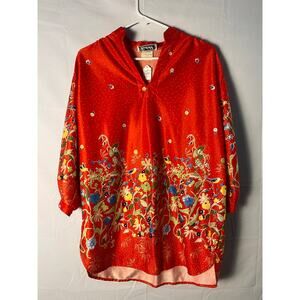 Vintage 60s Teddi Red Floral Bird Silk Blouse V-neck Long Sleeve Women's Size XL